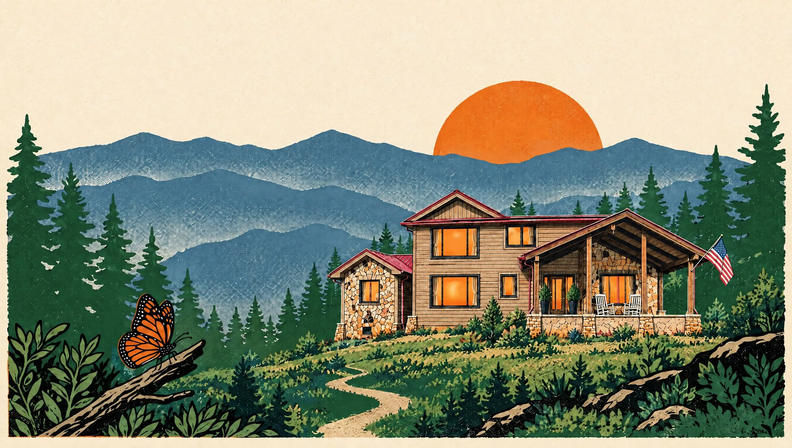 Illustration of Monarch's Roost: a two-story cabin with taupe siding, a red metal roof, a stone wing and a gabled porch with a flag, on a wooded hillside below layered blue mountains and a large orange sun, with a monarch butterfly perched on a branch in the foreground.
